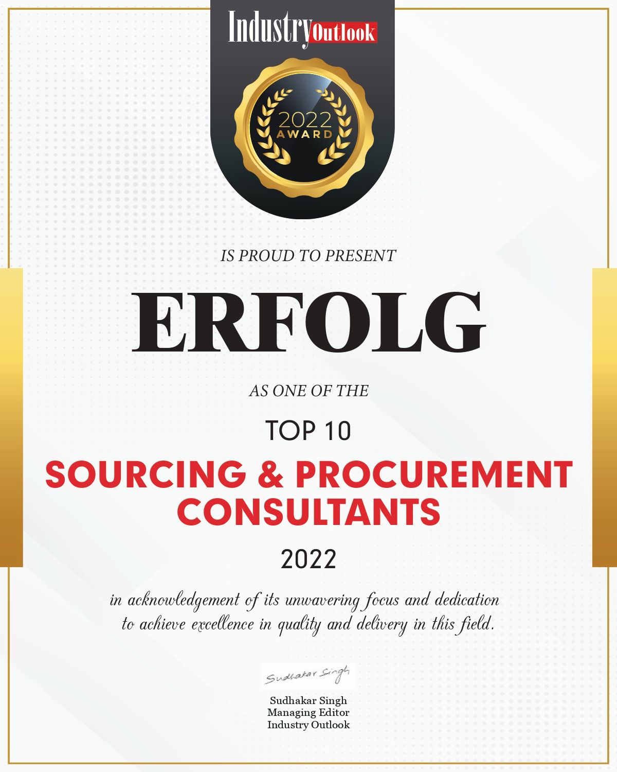 Industry Outlook Top 10 Sourcing & Procurement Consultants 2022 award certificate